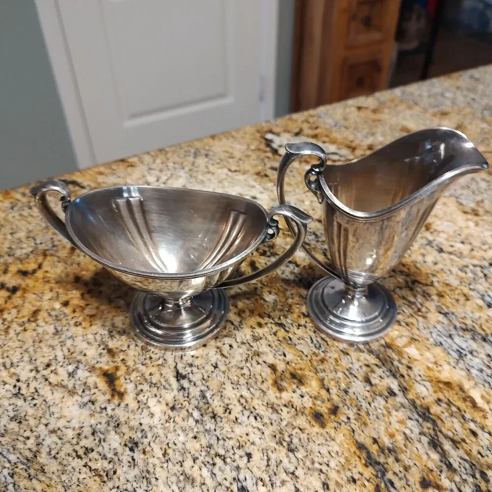 Evans EPNS Silverplate Art Deco Footed Pitcher-Style Creamer And Sugar X11